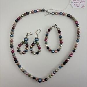 Multicolor Pearl Necklace Bracelet Wreath Earrings w Sterling Silver‎ Accents